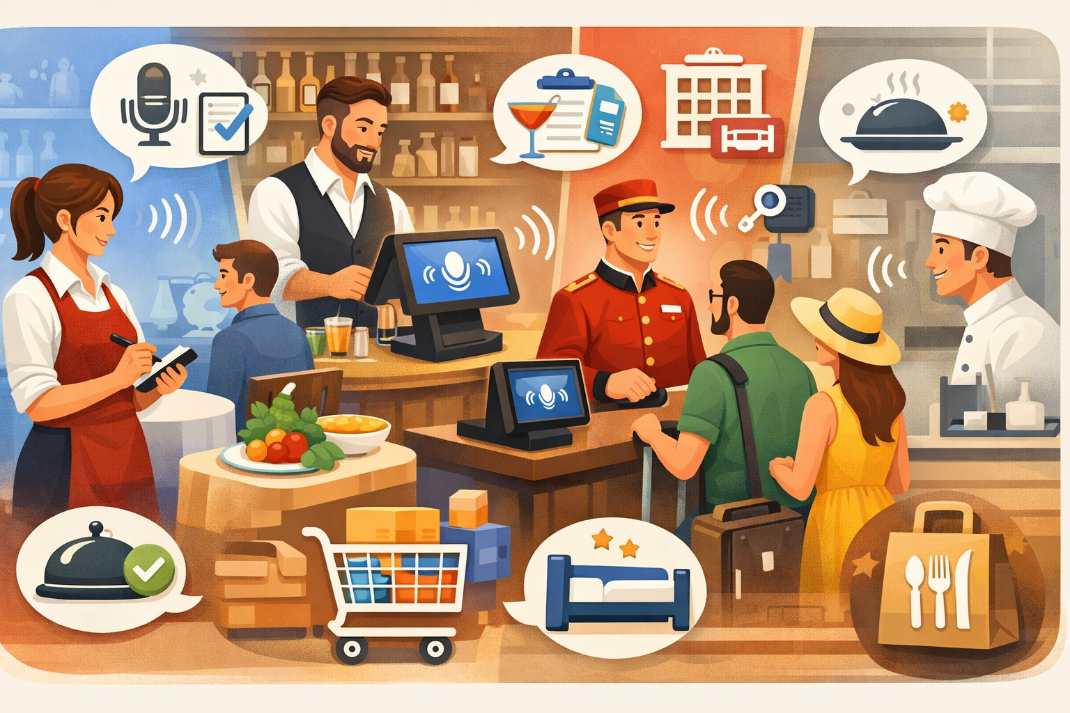 Voice-enabled POS system in hospitality settings showing restaurant ordering, bar service, hotel check-in, and kitchen operations with staff using voice commands and digital interfaces