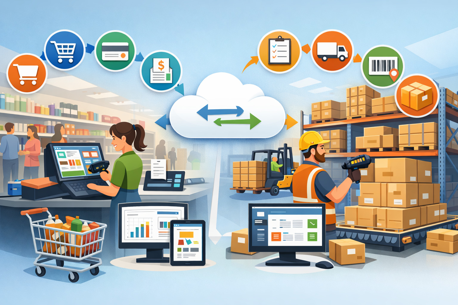 POS and warehouse management system integration showing real-time data sync between retail checkout and warehouse inventory operations with cloud connectivity