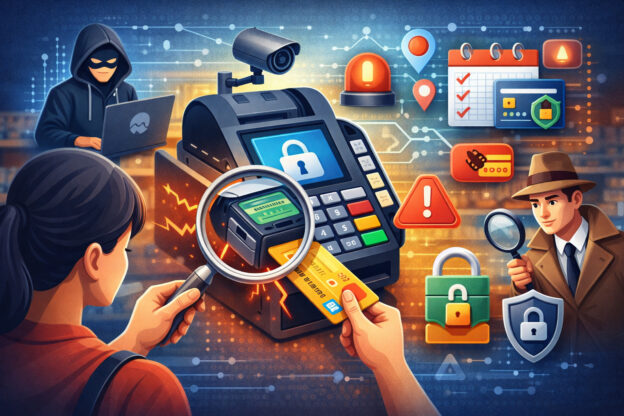 Illustration of credit card skimming detection at POS terminal with magnifying glass, hidden skimmer device, hacker in background, and payment security icons