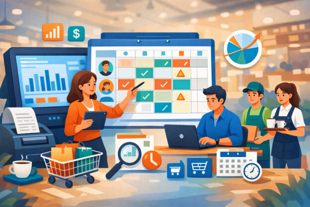 POS analytics dashboard with staff scheduling interface, retail employees coordinating shifts, and data-driven workforce planning tools in a modern store environment