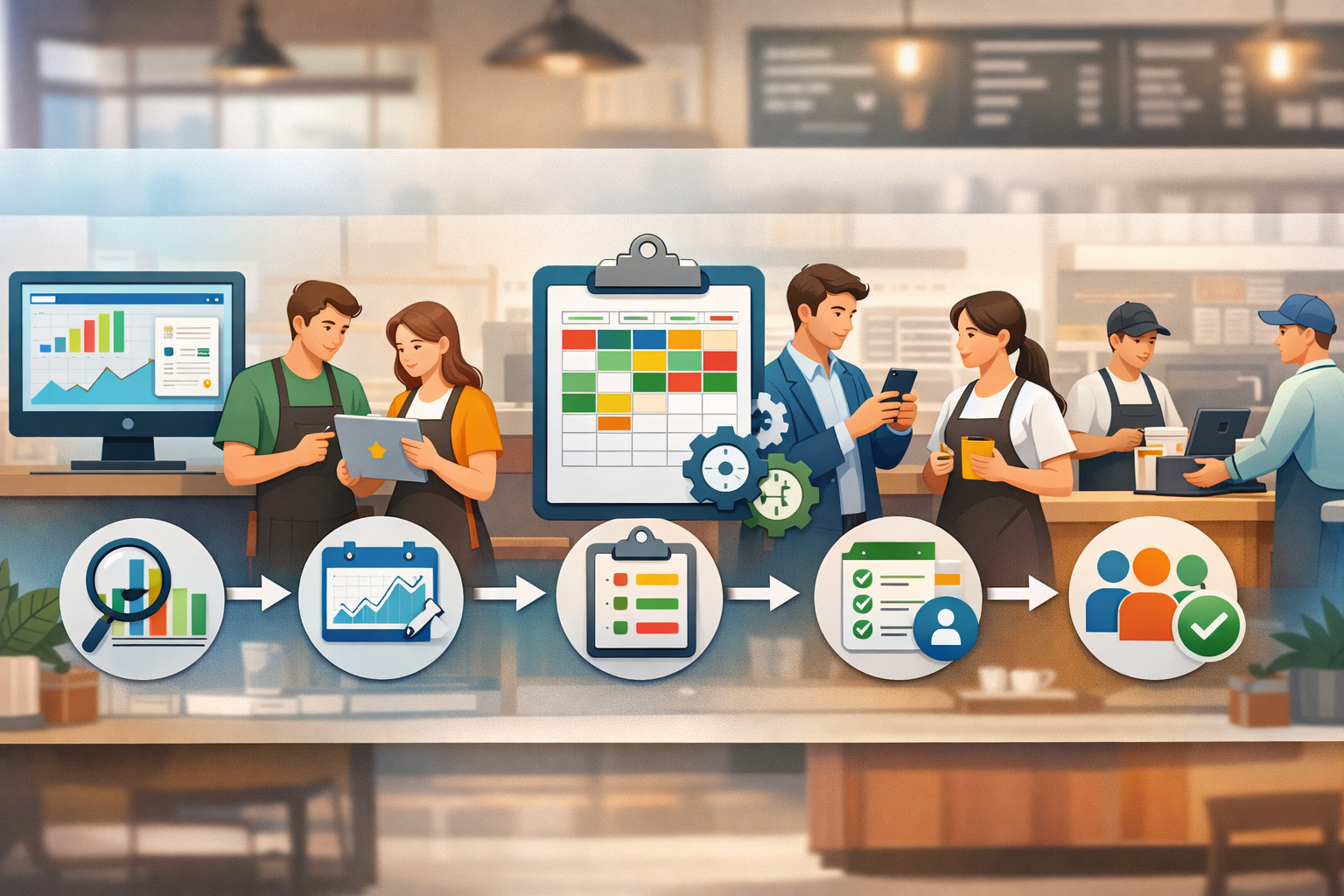 POS data dashboard with charts and analytics guiding employee scheduling in a modern retail environment