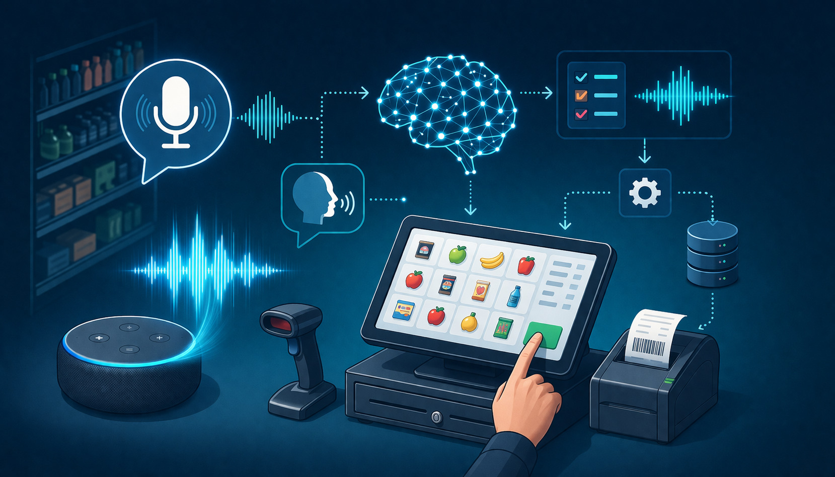 Voice-enabled POS system workflow illustration showing speech input, AI processing, cloud integration, and automated order fulfillment in a modern retail environment