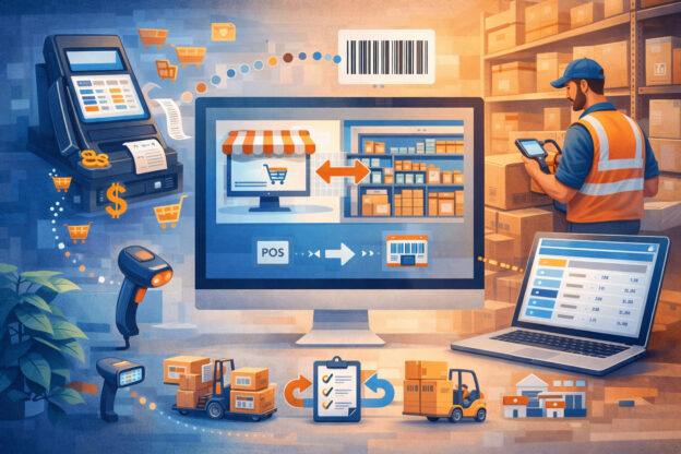Seamless integration of POS system with warehouse management showing inventory tracking, barcode scanning, order fulfillment, and real-time data synchronization