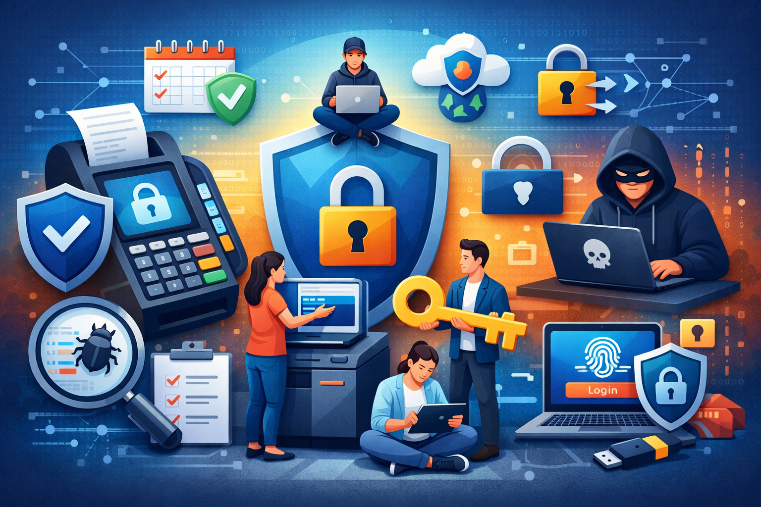 Illustration of POS system security with shield protection, encrypted payment terminal, cybersecurity icons, and hacker threat prevention concept