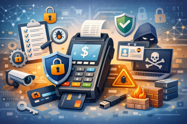 POS security checklist illustration showing payment terminal with shield protection, cybersecurity icons, malware warning, and secure transaction environment