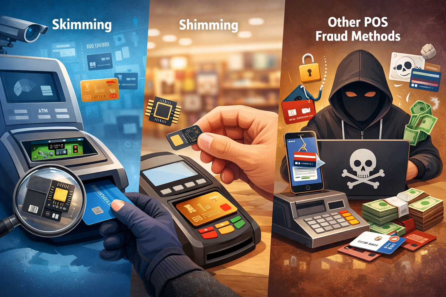Illustration showing different POS fraud methods including card skimming device, chip shimming technique, and cybercriminal using compromised payment systems