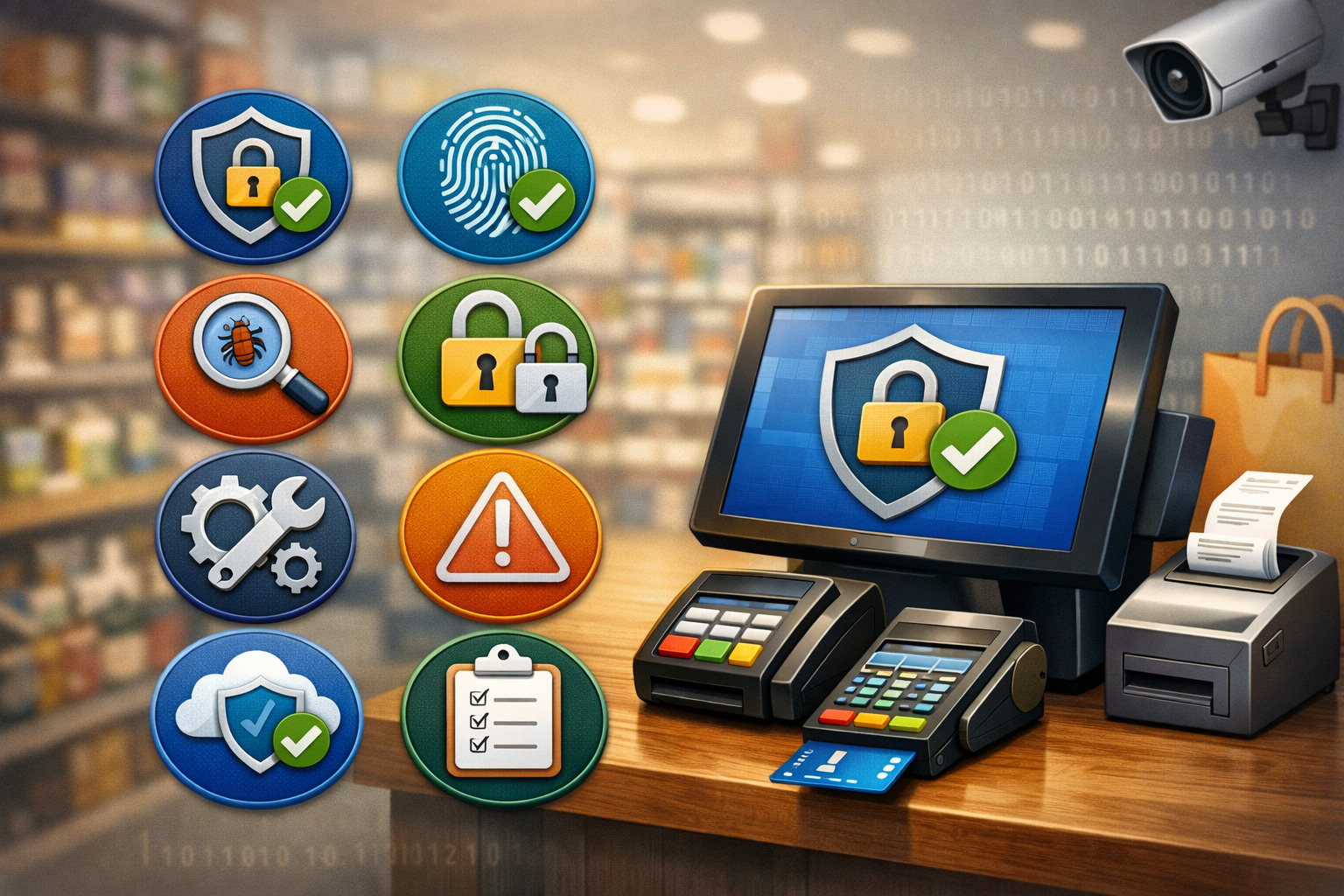 Illustration of a secure retail point-of-sale system with card reader, terminal, and security icons representing cybersecurity, encryption, fraud protection, and compliance in a store environment