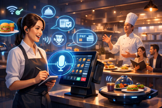 Futuristic restaurant staff using voice-activated POS system with AI interface, digital ordering icons, and automated food service technology in a modern hospitality setting