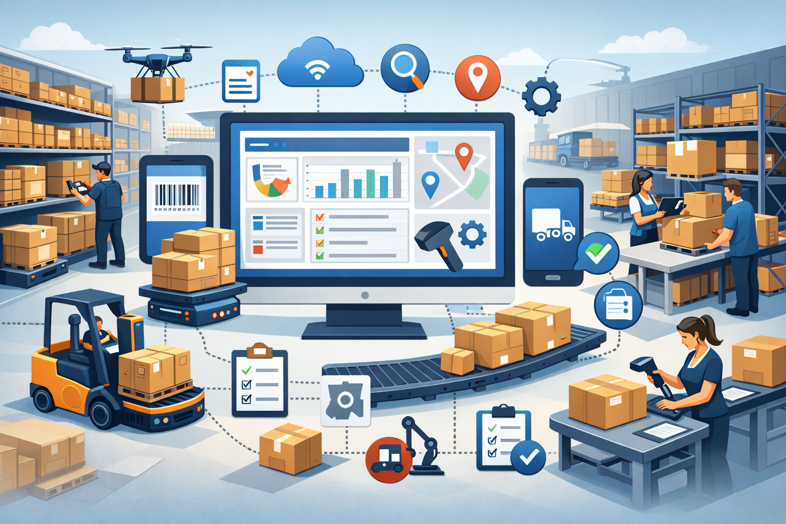 Illustration of a warehouse management system showing workers, inventory tracking, barcode scanning, forklifts, and automated logistics operations in a modern warehouse environment