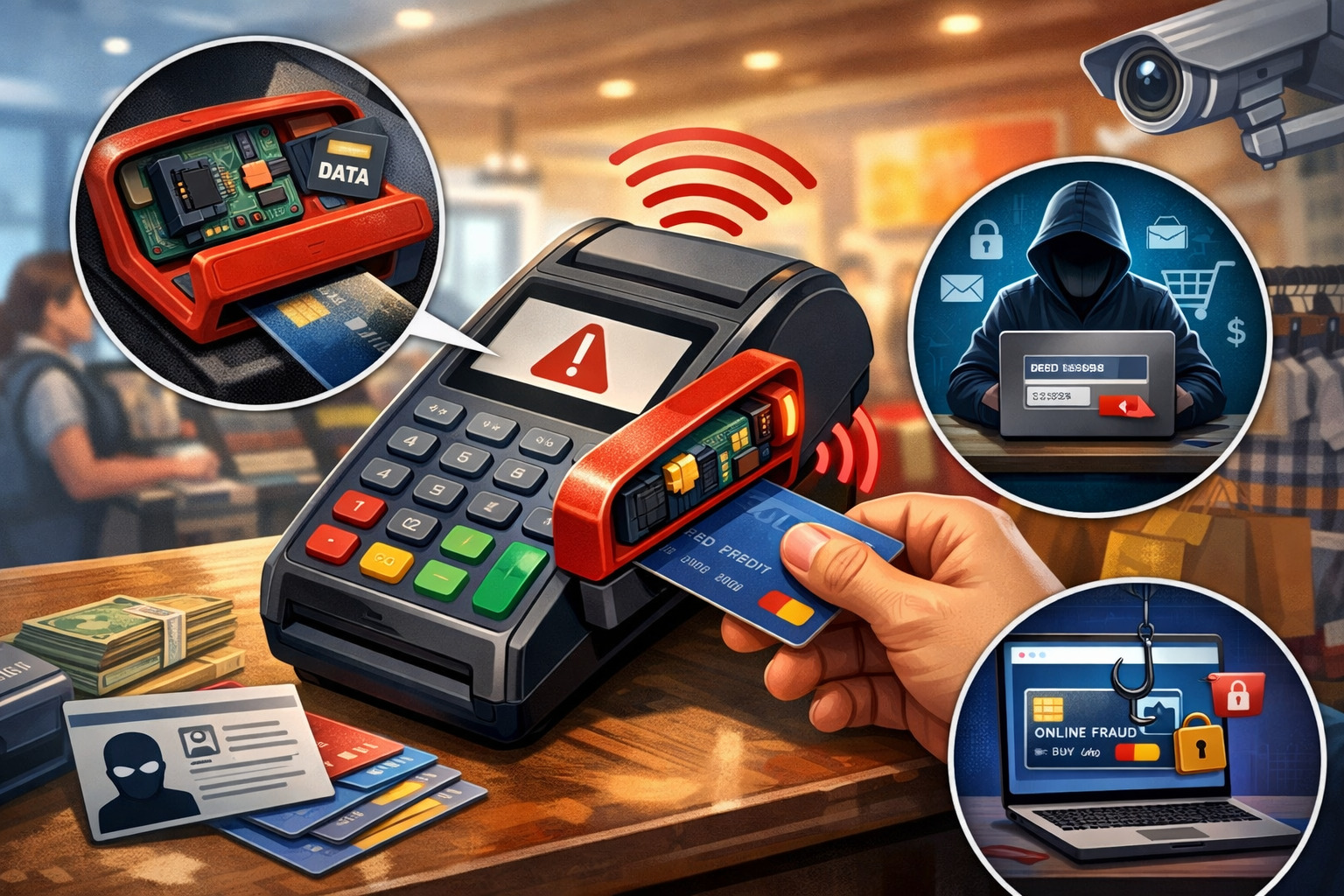 Credit card skimming device attached to POS terminal capturing card data during retail transaction with cybersecurity threat visuals