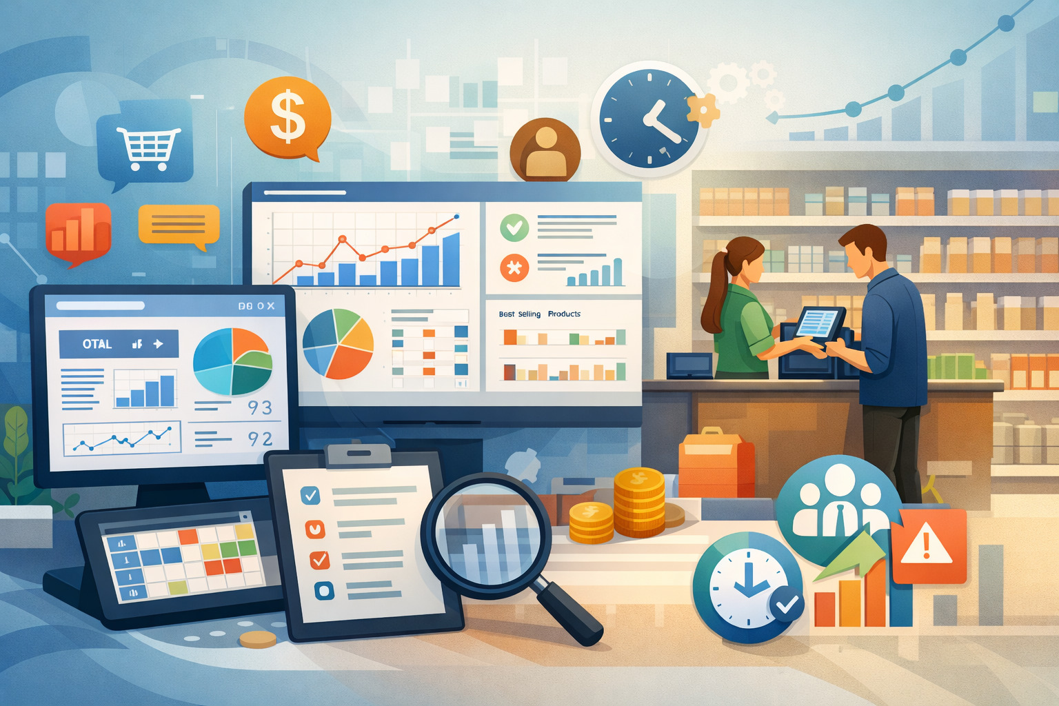 POS analytics dashboard with retail staff using sales data charts and scheduling insights to optimize workforce efficiency in a store environment