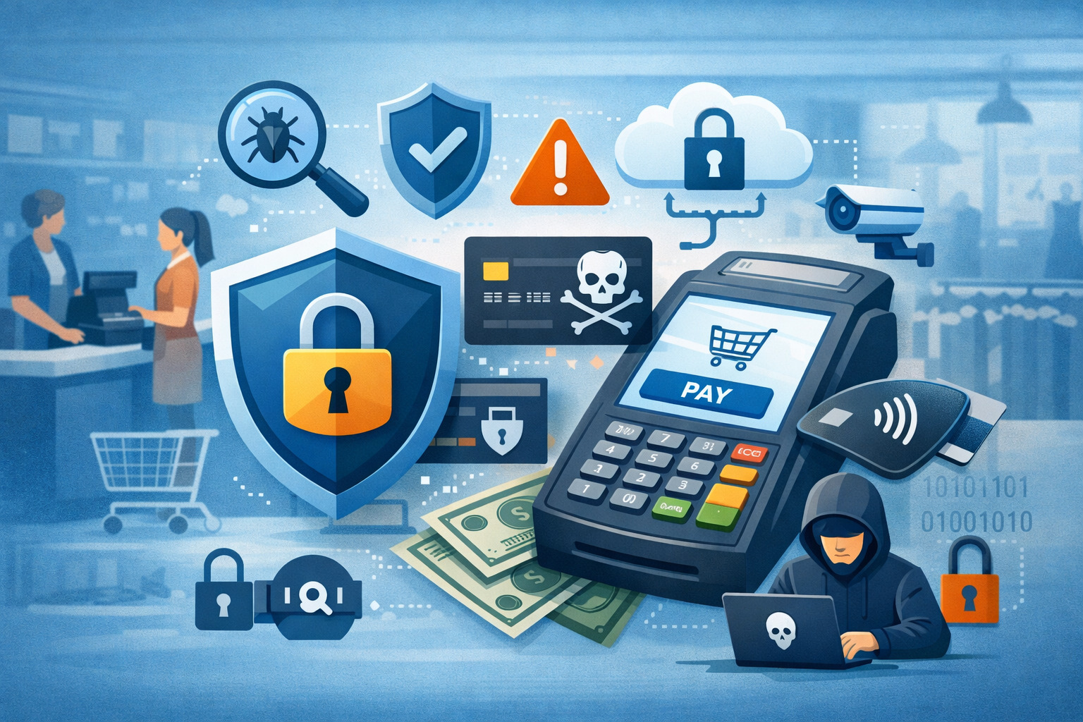 POS security illustration showing payment terminal, contactless card, cybersecurity shield, and hacker threat icons in a retail environment