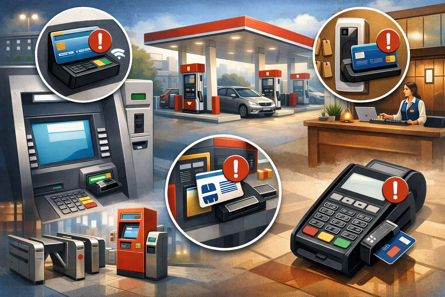 Illustration of high-risk card skimming locations including ATM machine, gas station fuel pumps, POS terminal, ticket kiosk, and hotel front desk with security warning icons
