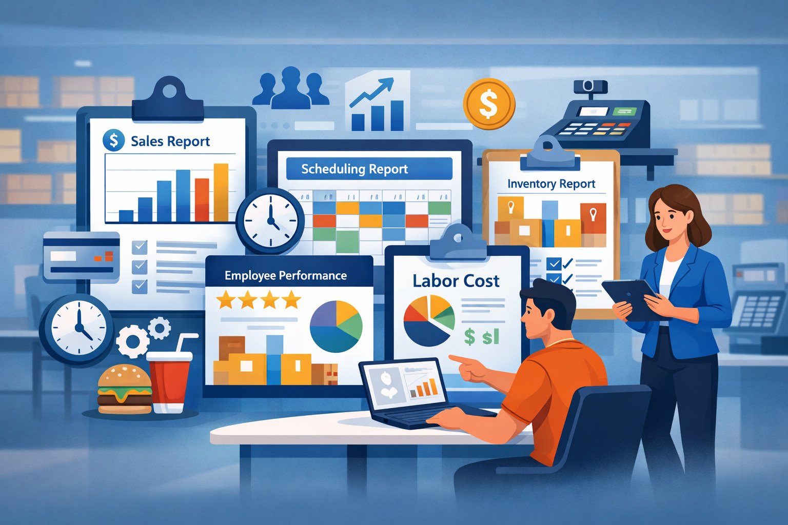 Illustration of POS system dashboards showing sales analytics, employee performance, scheduling, inventory, and labor cost reports for workforce planning