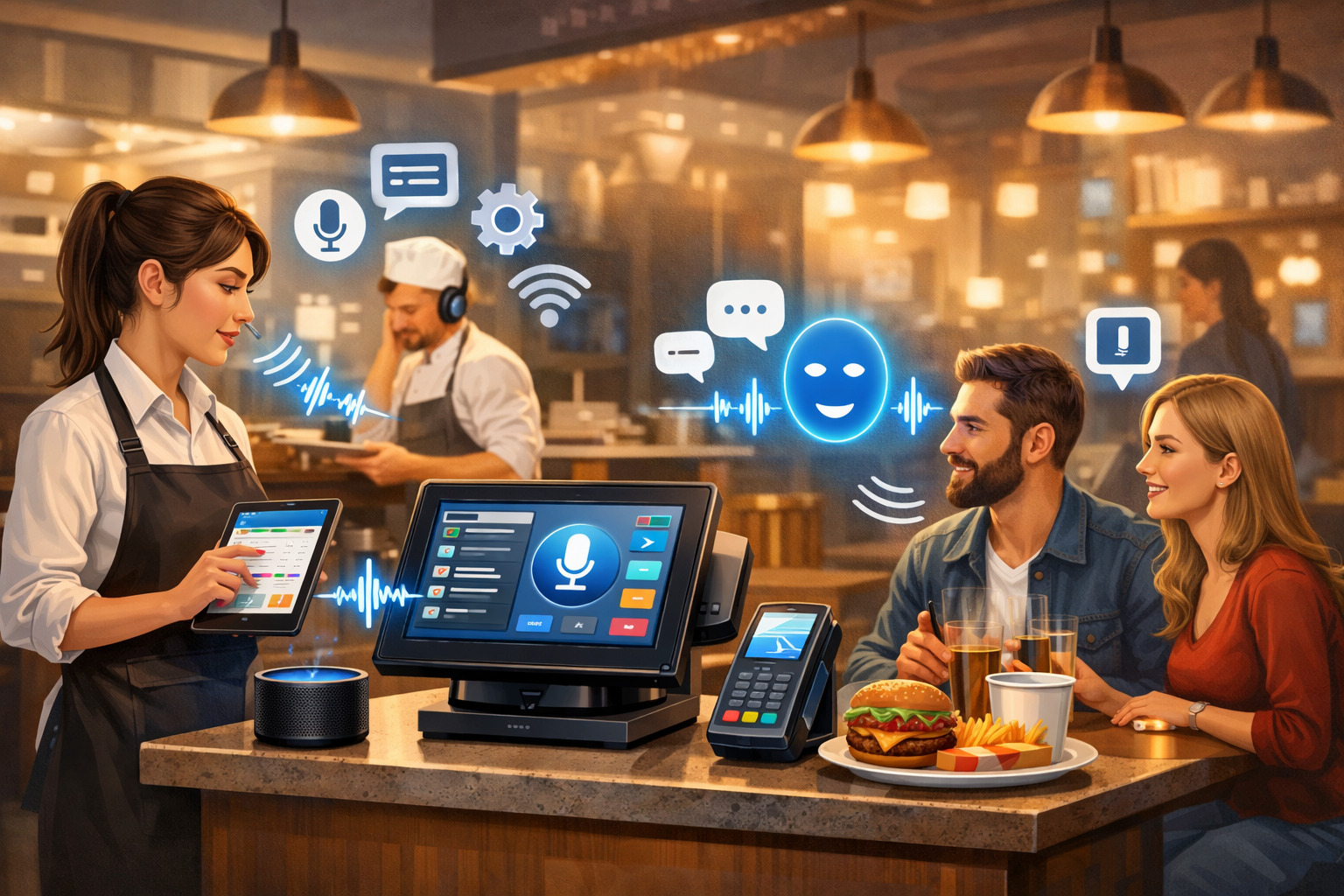 AI-powered voice POS system in a modern restaurant with server using tablet and voice assistant while customers place orders at a digital payment terminal