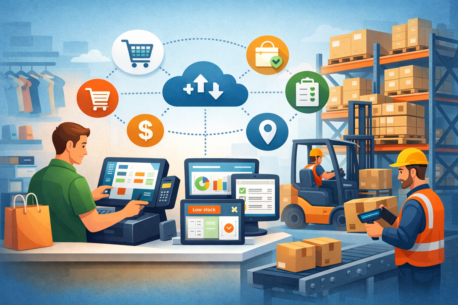 POS system integrated with warehouse management showing real-time inventory tracking, cloud data sync, and logistics operations in a retail and warehouse environment