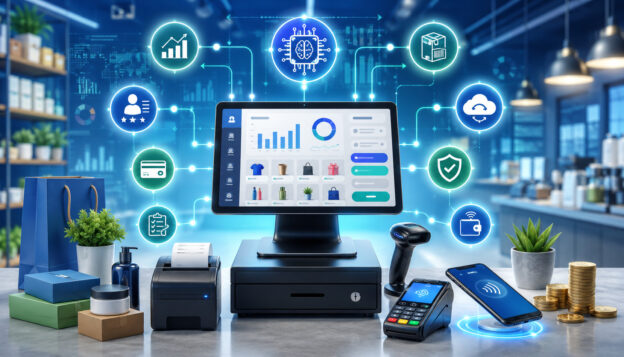 AI-powered POS system with payment, inventory, analytics, and security icons