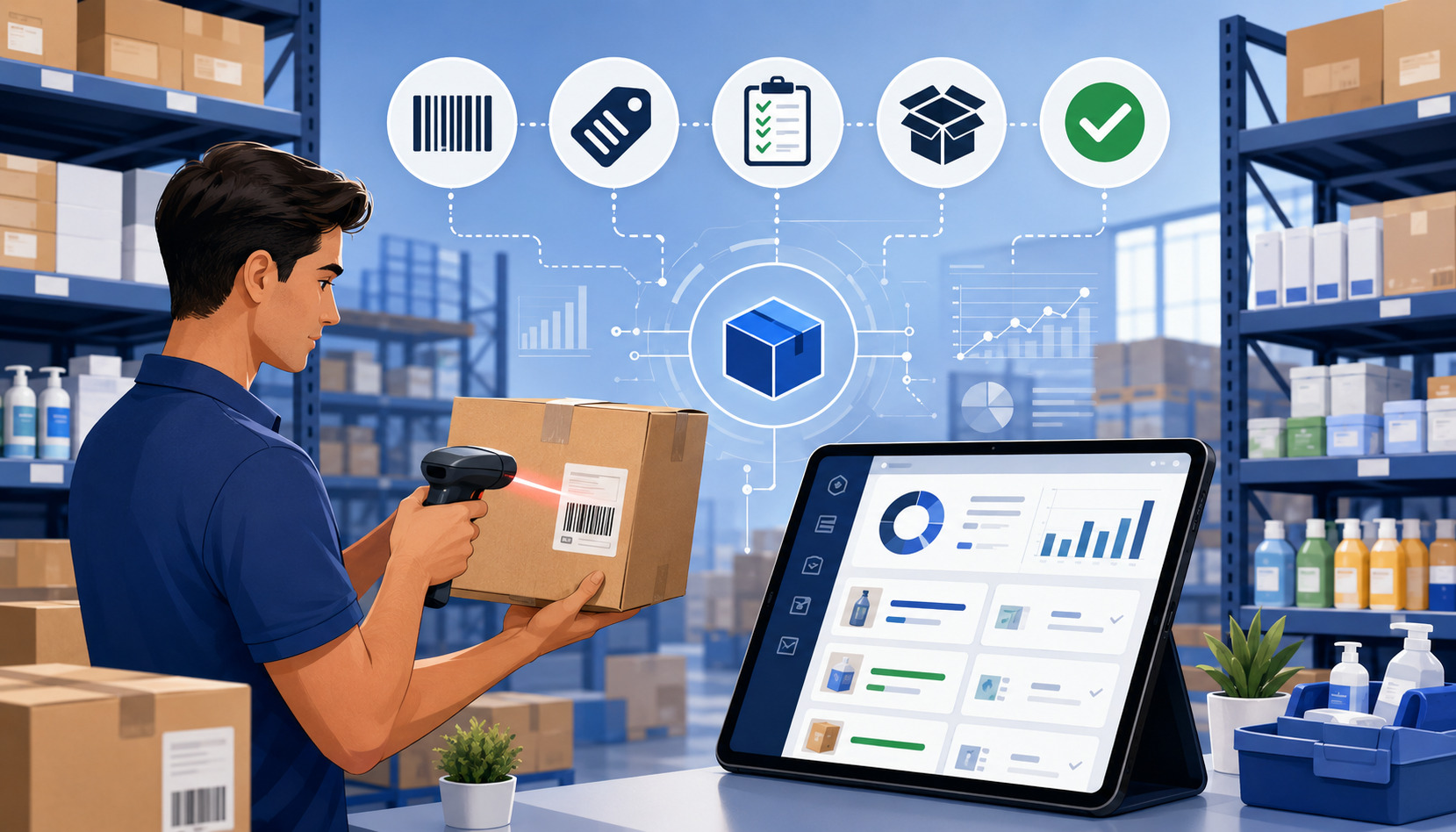 Barcode scanning and SKU inventory management illustration