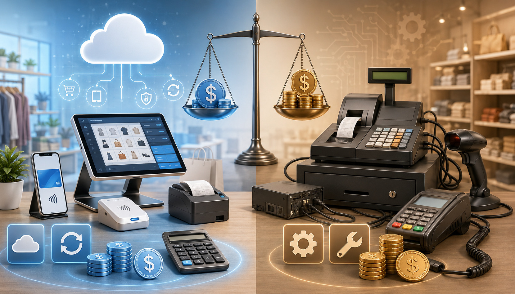 Cloud POS and traditional POS cost comparison illustration
