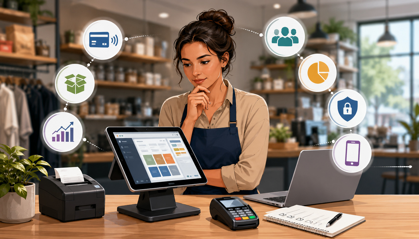 Small business owner evaluating POS system features