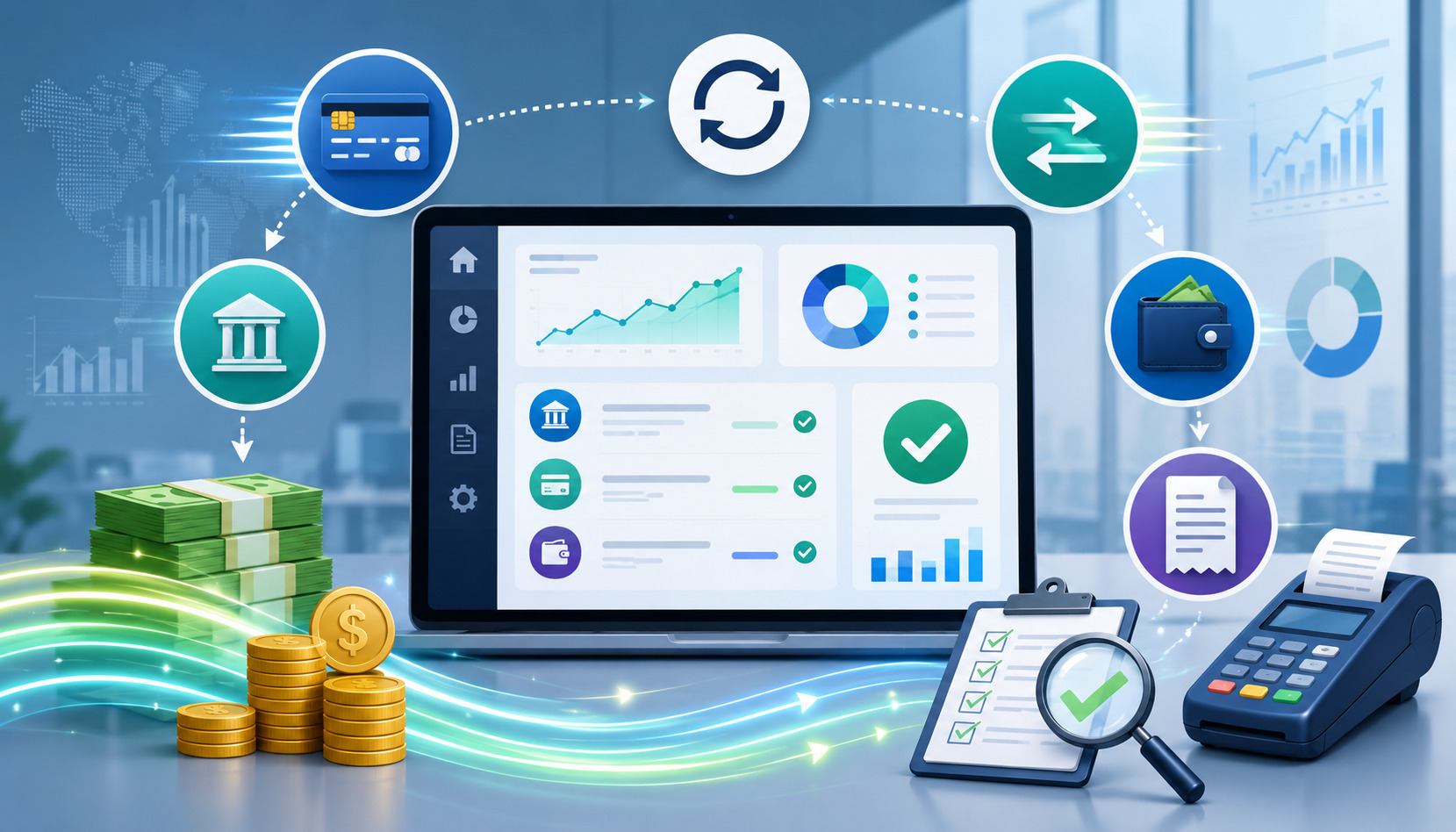 Digital payment dashboard showing cash flow, payment processing, and reconciliation tracking