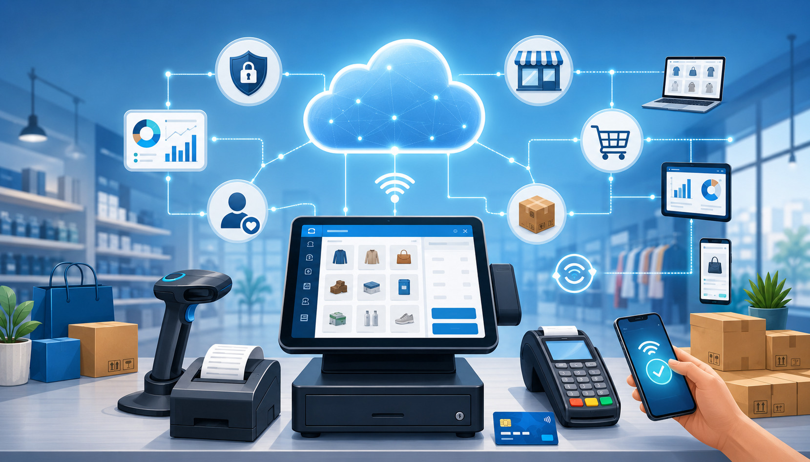 Cloud POS system connecting payments, inventory, and sales data via cloud technology