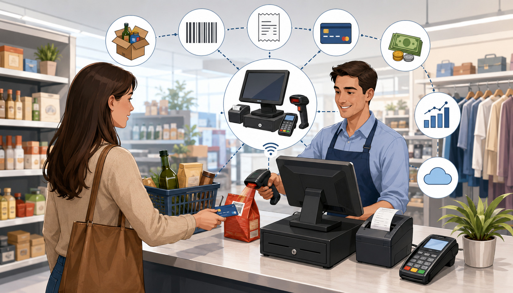 Traditional POS system processing a retail checkout transaction