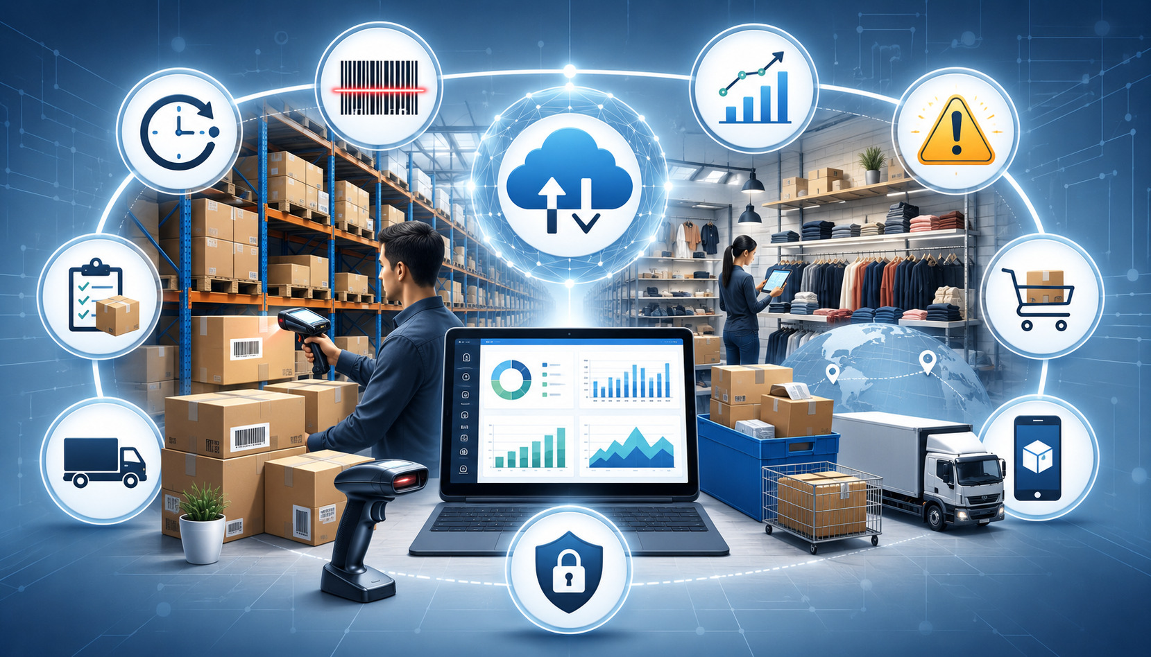 Real-time inventory tracking system dashboard in a modern warehouse