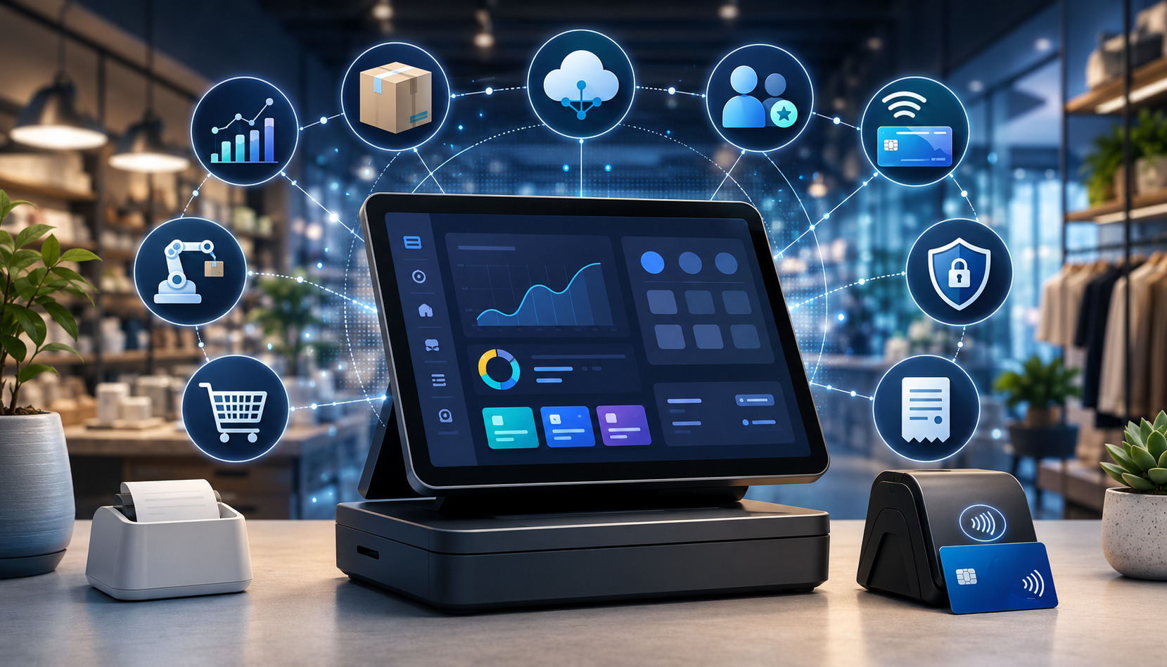 AI-powered POS system with smart retail analytics and payment icons