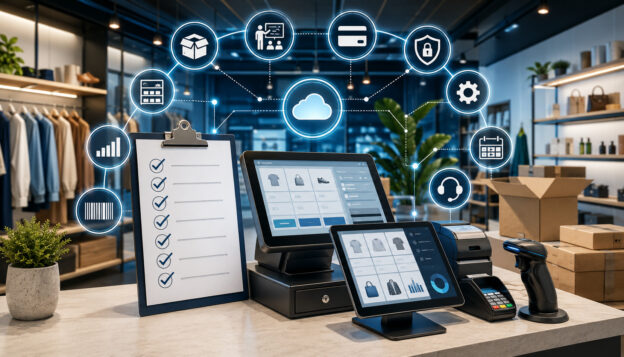 POS implementation checklist with retail payment setup icons