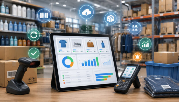 Real-time inventory tracking dashboard with barcode scanner and warehouse stock
