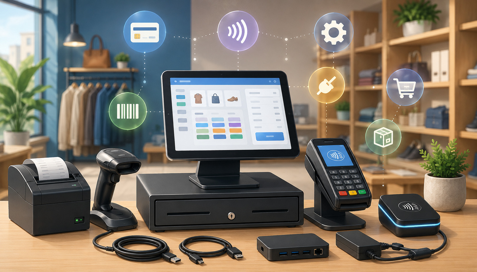 POS hardware setup with terminal, scanner, receipt printer, and accessories