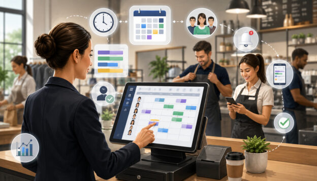 POS employee scheduling dashboard with staff shift icons