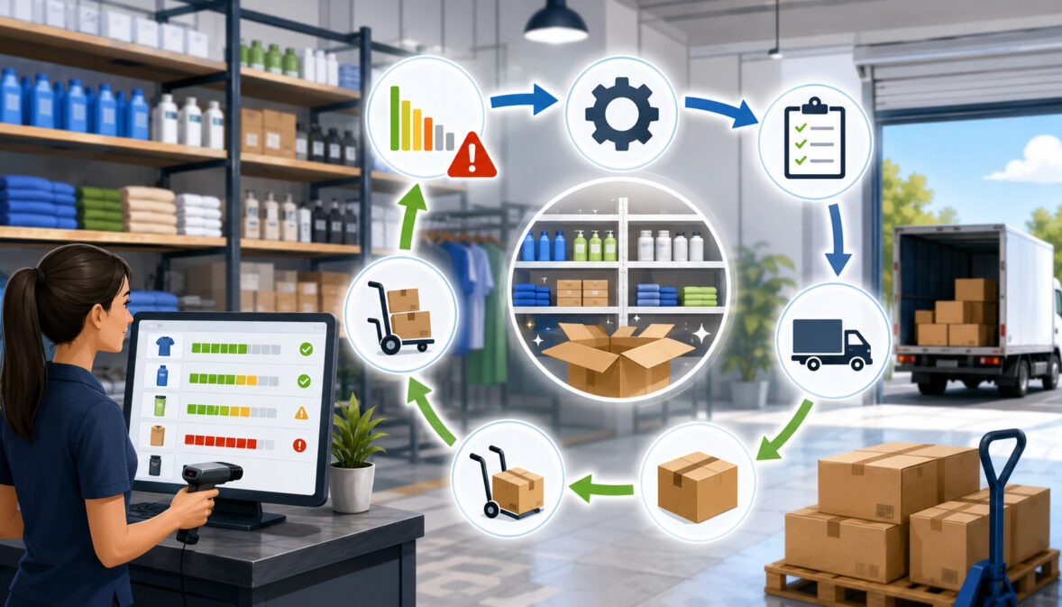 Automated inventory reordering workflow with stock alerts and delivery icons