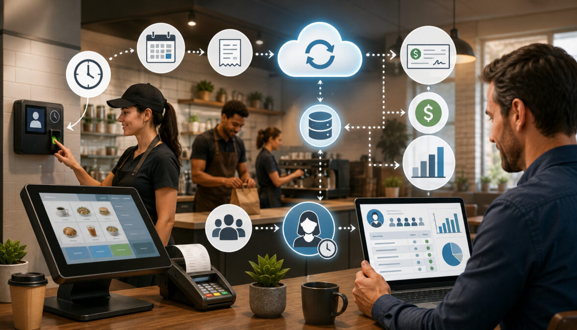 POS payroll integration syncing employee hours, sales data, and payroll reports
