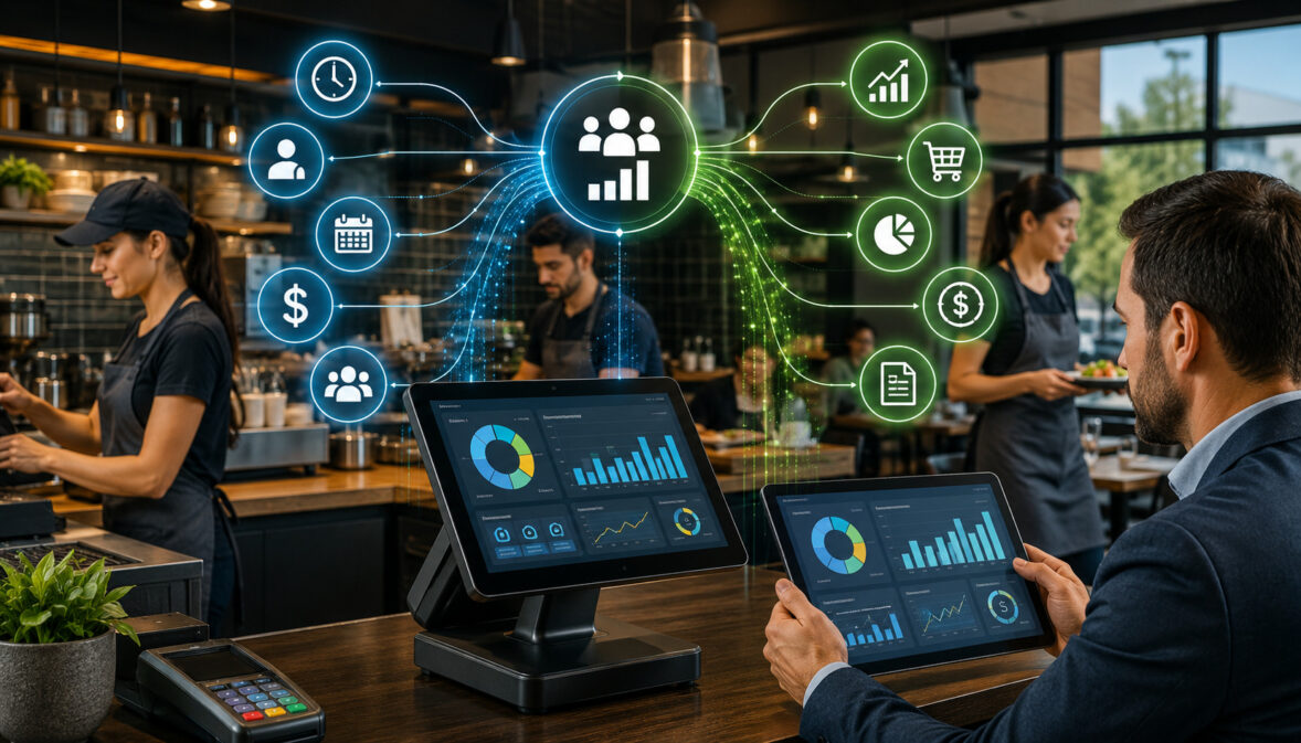 POS system connecting labor costs with sales data through analytics dashboard