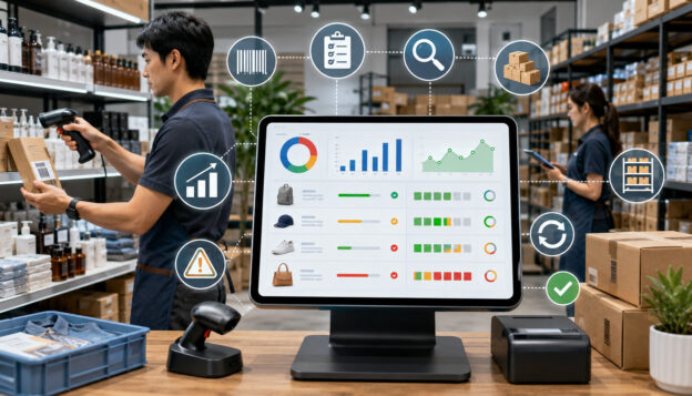 Inventory audit using POS software with barcode scanning and stock dashboard