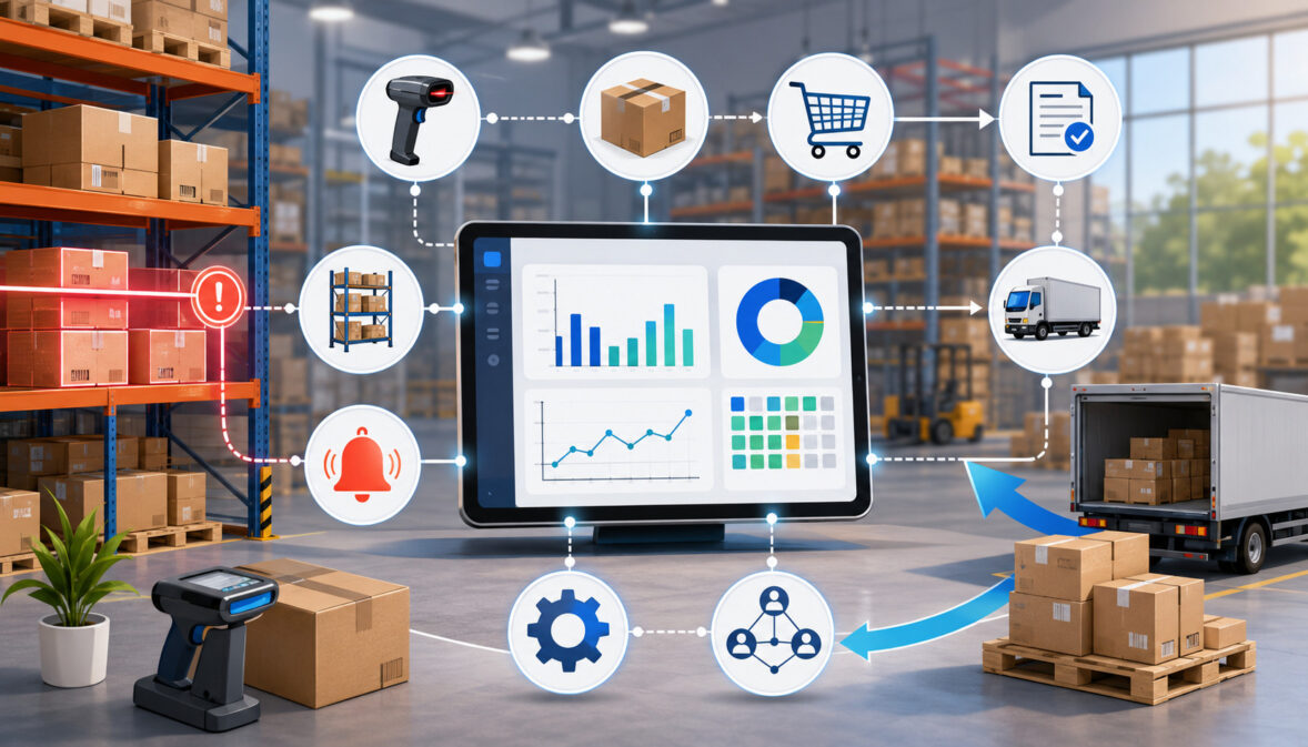 Automated reorder system dashboard with inventory alerts, warehouse icons, and delivery workflow