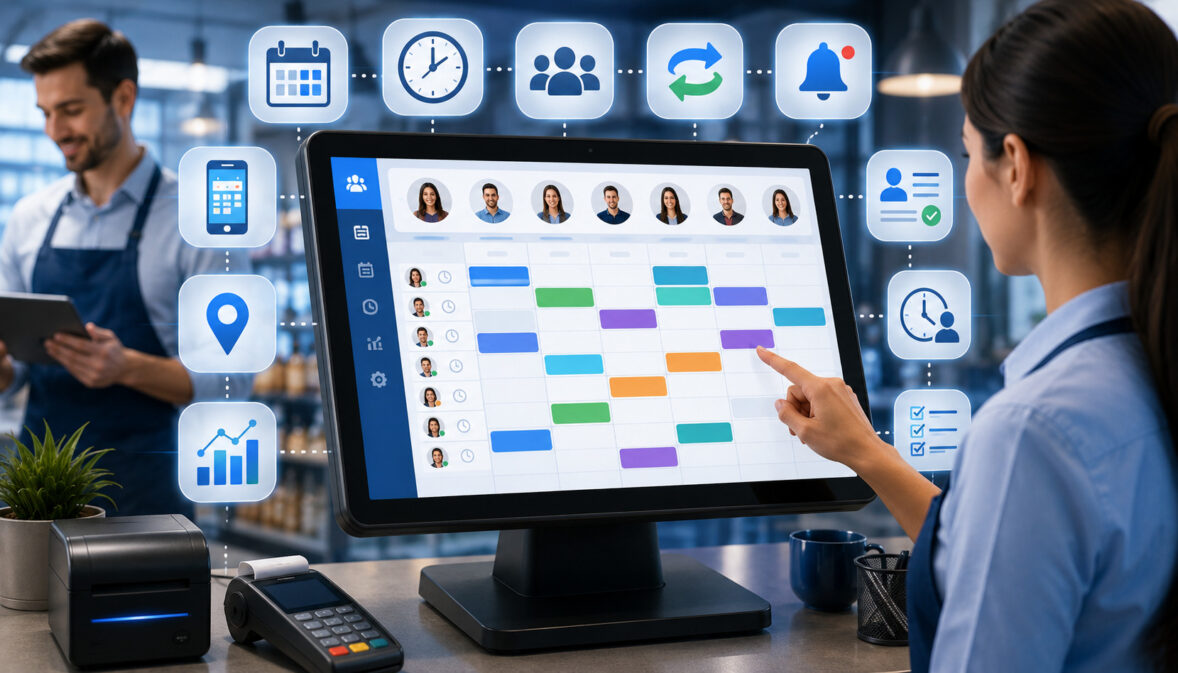 Employee scheduling POS system with shift management dashboard and staff icons