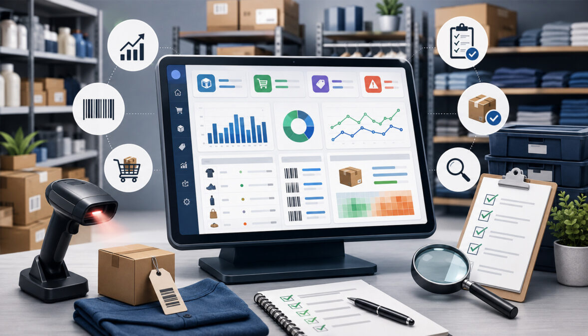 POS inventory audit dashboard with barcode scanner and checklist