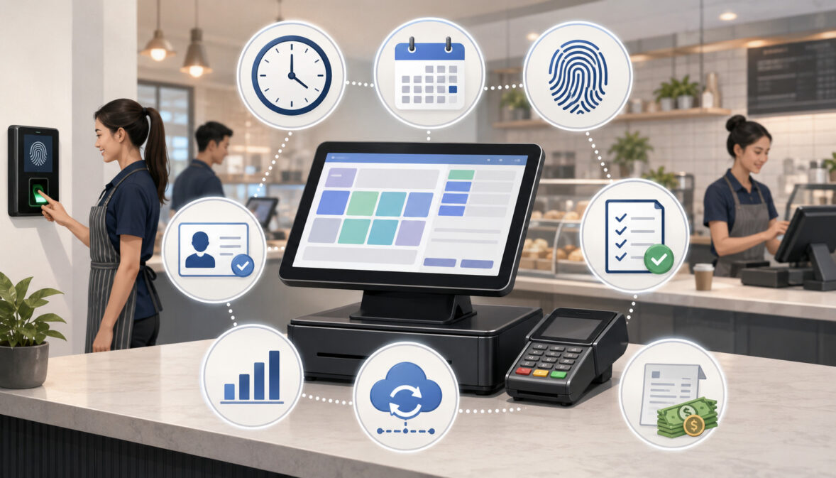 POS features reducing payroll errors with time tracking and employee scheduling icons