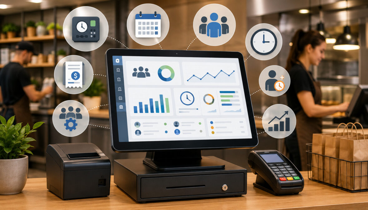 POS system tracking labor costs with employee scheduling and payroll analytics icons