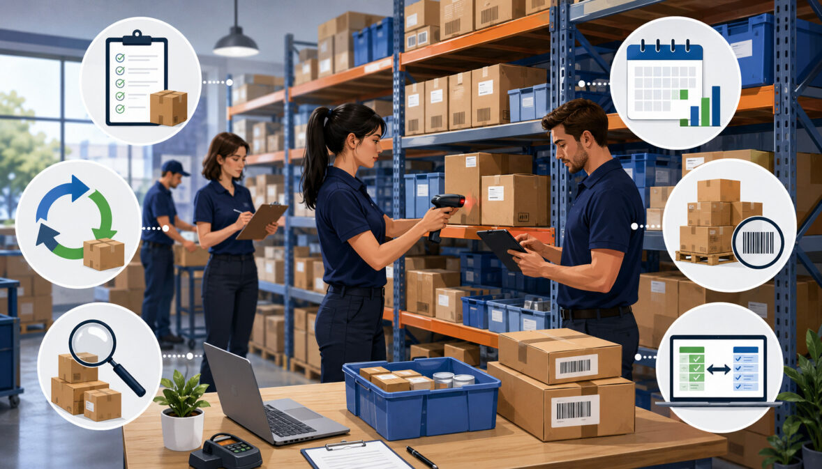 Inventory audit process with barcode scanning and stock verification